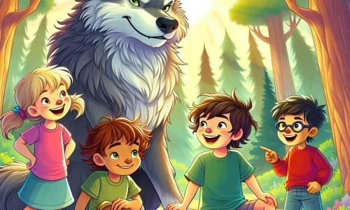 Dans une forêt enchantée, quatre enfants se tiennent au centre de la scène. Léa, 8 ans, observe un loup avec curiosité. Max, 7 ans, est un peu inquiet mais fasciné. Sofia, 9 ans, sourit avec encouragement, tandis que Tom, 6 ans, pointe le loup avec enthousiasme. Le loup, majestueux avec son pelage gris et ses yeux brillants, semble triste mais amical. La scène se déroule dans une clairière ensoleillée, entourée d'arbres et de fleurs colorées, avec des papillons ajoutant de la magie. Les enfants et le loup jouent ensemble, illustrant une amitié naissante.