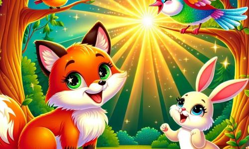 Un renard aux poils roux et aux yeux curieux se tient au centre de la scène, souriant. À ses côtés, un oiseau aux plumes multicolores chante, perché sur une branche. Un lapin blanc aux grandes oreilles observe, assis sur l'herbe. La scène se déroule dans une forêt enchantée avec des arbres majestueux, des feuilles brillantes et des fleurs colorées. Des rayons de soleil filtrent à travers les branches, créant une ambiance magique. Ensemble, ils découvrent une grotte scintillante où des étoiles dansent autour d'eux, illuminant leurs visages de joie.
