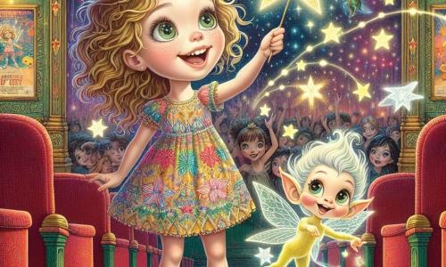 Une petite fille de 8 ans, Lila, avec des cheveux bouclés dorés, porte une robe colorée à motifs d'étoiles. Elle sourit avec émerveillement en tendant la main vers une étoile scintillante. À ses côtés, Pipo, un farfadet espiègle, jongle avec d'autres étoiles filantes, rayonnant de joie. Le décor est un vieux cinéma coloré, avec des affiches de films animés, des lumières scintillantes et un sol en tapis rouge. Lila et Pipo sont en pleine chasse aux étoiles, prêts à attraper une étoile brillante qui illumine le cinéma.
