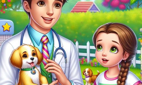 Lucas, un jeune vétérinaire souriant, porte une blouse blanche et un stéthoscope. Il examine un petit chiot doré avec fierté et bienveillance. À ses côtés, Clara, une fillette de 10 ans aux cheveux bruns tressés, l'observe avec admiration. En arrière-plan, un jardin coloré de la clinique vétérinaire ajoute une ambiance joyeuse. Lucas rassure le chiot en lui parlant doucement, tandis que Clara écoute attentivement, fascinée par leur connexion.