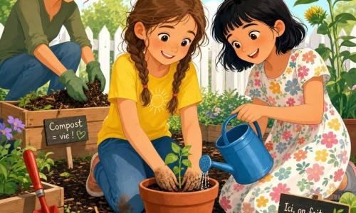 Camille, 10 ans, joyeuse et fière, cheveux châtains en tresses, porte un t‑shirt jaune et un jean en plantant une petite pousse dans un pot en terre, mains un peu terreuses; à droite, Jade, 10 ans, enthousiaste, cheveux courts noirs et robe à fleurs, arrose doucement la plante avec un arrosoir bleu; en arrière‑plan à gauche, la mère, chaleureuse et décontractée, ajoute du compost dans un bac en bois. Le petit jardin lumineux, clôturé en bois blanc, montre terre sombre, paillis, bacs, outils colorés et quelques tournesols en bouton sous un ciel bleu clair, évoquant un moment de jardinage collectif et d'apprentissage écologique; style aux couleurs vives, formes simples et arrondies, textures plates et ombres douces, composition centrée sur les enfants et la pousse.
