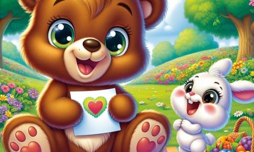 Grizzou, un petit ours brun avec un pelage doux et des yeux pétillants, est assis sur une nappe colorée dans un parc verdoyant. Il sourit en tenant une carte faite main avec un cœur pour sa maman. À côté de lui, Pipo, un petit lapin blanc aux grandes oreilles, saute de joie avec une fleur colorée à offrir à Maman Ours. Le parc est ensoleillé, avec des arbres majestueux, des fleurs éclatantes et un ciel bleu. Grizzou et Pipo préparent un pique-nique surprise pour Maman Ours, entourés de baies, de noix et de cartes d’amour, prêts à célébrer la fête des mères dans une ambiance joyeuse.