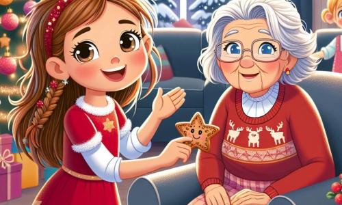 Léa, une fille de 11 ans aux longs cheveux bruns et aux yeux pétillants, se tient au centre de la scène avec une robe rouge éclatante. Elle sourit en tendant un biscuit en forme d'étoile à une vieille dame de 75 ans, aux cheveux argentés, assise dans un fauteuil confortable, entourée de décorations de Noël. À côté, Clara, une autre fille de 11 ans, chante avec enthousiasme en portant un pull rouge avec un renne, dansant joyeusement. La scène se déroule dans un salon chaleureux d'une maison de retraite, décor