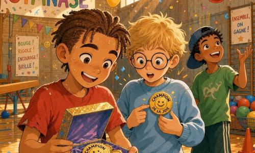Trois garçons — un garçon de 9 ans aux cheveux châtains courts, t-shirt rouge usé, tenant une boîte pailletée ouverte légèrement à gauche ; un garçon de 8 ans blond aux lunettes rondes et sweat bleu clair, admirant un badge doré "Champion de la joie" au centre-plan ; un garçon de 9 ans à la peau plus foncée, cheveux noirs bouclés et casquette à l’envers, lançant un ballon rouge à l’arrière — dans un vieux gymnase en bois éclairé par des rayons de soleil jaunis, sol en parquet brillant, ballons multicolores éparpillés et un poster "Défi du gymnase" au mur ; ils découvrent des badges dorés souriants dans la boîte, entourés de confettis et de ballons, éclatant de rire dans une ambiance chaleureuse et victorieuse.