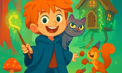 Milo, un apprenti sorcier de huit ans, a des cheveux indomptés et des yeux pétillants. Il porte un manteau trop grand et tient une baguette en bois de saule. À ses côtés, Pistache, une chatte grise aux yeux verts, est perchée sur son épaule, tandis que Noé, un écureuil magicien, jongle avec des noisettes. La scène se déroule dans la forêt enchantée de la Vallée des Merveilles, avec des arbres colorés et des éléments magiques. Ils se tiennent devant une cabane sur des pattes de poule, prêts à découvrir le mystère de la Brume Émeraude et à rencontrer la sorcière Babouline.