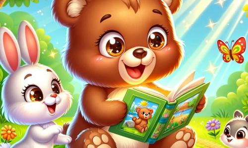 Petit Ours, un ours brun aux grands yeux pétillants, est assis sur un tapis de verdure avec un livre illustré sur les vacances d'été. Il sourit émerveillé, tandis qu'un rayon de soleil éclaire son pelage doux. À ses côtés, un petit lapin blanc et un écureuil gris regardent le livre avec excitation. La scène se déroule dans une clairière ensoleillée entourée d'arbres et de fleurs colorées, avec des papillons volant autour d'eux. Petit Ours et ses amis découvrent les merveilles de l'été à travers les pages du livre, remplis d'enthousiasme pour leurs futures aventures.