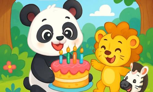 Poppy le panda, un adorable panda aux grandes oreilles rondes et au pelage noir et blanc, sourit en tenant un grand gâteau d'anniversaire décoré de bougies colorées. Ses yeux pétillent de bonheur au centre d'une clairière ensoleillée. À côté de lui, Léo le lionceau danse gaiement, tandis que Zoé la zèbre applaudit avec enthousiasme. La clairière, entourée de grands arbres et parsemée de fleurs colorées, crée une ambiance festive. Poppy et ses amis célèbrent un anniversaire magique, remplis de rires et de bonheur.