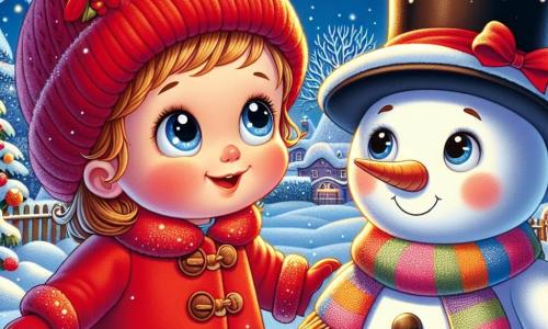 Une petite fille d'un an, avec de grands yeux brillants et des joues roses, porte un manteau rouge vif et un bonnet en laine. Elle sourit en regardant un bonhomme de neige nommé Flocon, qui est rond, joyeux, avec un chapeau noir et une écharpe colorée. En arrière-plan, un jardin enneigé est illuminé par des guirlandes scintillantes, sous un ciel bleu parsemé d'étoiles. La petite fille et Flocon, émerveillés par la magie de Noël, sont entourés de flocons de neige qui tombent doucement.