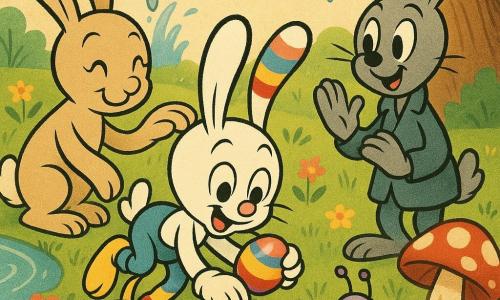 Lino, petit lapin blanc aux grandes oreilles souples et aux yeux ronds, souriant, porte des chaussettes rayées colorées (l'une posée sur l'oreille), tient un panier jaune rempli d'œufs peints brillants et pose l'œuf multicolore central sur une pierre plate avec une étoile jaune dessinée à la craie; Maman Lapine, douce et beige, se tient derrière à gauche en lui caressant la tête, Papa Lapin, grand et gris, est à droite la patte levée comme pour applaudir, Lila la limace brillante au foulard violet fait une petite révérence près d'un champignon rouge à pois blancs, un poisson argenté saute dans un ruisseau bleu clair à l'arrière-plan; jardin printanier coloré avec herbe verte, fleurs roses et jaunes, ruisseau à gauche, grand chêne à droite avec un ruban bleu flottant, ambiance lumineuse et festive, couleurs vives et contours noirs souples de style cartoon rétro.