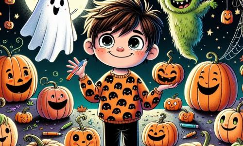Un petit garçon de 4 ans nommé Tom, avec des cheveux bruns en désordre et de grands yeux curieux, se tient au centre, souriant et tenant une citrouille décorée. Il porte un pull orange avec des motifs de fantômes et un pantalon bleu. À côté, un petit fantôme nommé Glou, flottant joyeusement, montre les citrouilles. Un autre monstre, Grincheux, se cache derrière une citrouille, riant. La scène se déroule dans un jardin magique éclairé par la lune, avec des citrouilles souriantes et des étoiles scintillantes. Tom, Glou et Grincheux décorent des citrouilles avec des crayons de couleur, créant une ambiance joyeuse d'Halloween.
