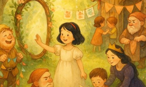 Blanche‑Neige, au centre, souriante, cheveux noirs brillants et peau claire, en robe crème à manches bouffantes, tend la main vers un grand miroir en bois encadré de branches, fleurs et lianes qui reflète des visages joyeux ; Joyeux, nain aux cheveux en bataille et petite barbe rousse, rit en tenant des guirlandes à gauche ; Grincheux, nain bougon au tablier poussiéreux, ajuste une bannière près de la cabane à droite ; la Reine, atténuée, en robe sombre aux reflets pourpres, aide un garçon à construire un moulin en papier devant la clairière ; deux enfants accrochent des dessins sur une corde entre les arbres près de la cabane ; tous forment un cercle autour du miroir, complices et riant dans une clairière baignées de lumière dorée, tapis de mousse, cabane décorée de rubans et pommes, lanternes aux branches, palette douce et textures aquarelle.