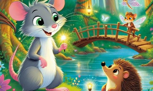Un petit rat nommé Rémi, avec une fourrure grise douce et des yeux curieux, se tient au bord d'une rivière scintillante, souriant malicieusement. À ses côtés, Lila la luciole, avec son corps lumineux, vole joyeusement en éclairant le chemin, tandis que Gustave le hérisson, avec ses piquants bruns, observe la scène avec émerveillement. La forêt enchantée les entoure, avec des arbres majestueux et des fleurs colorées. Rémi réfléchit à une énigme, Lila éclaire un vieux pont en bois menant à l'aventure, et Gustave se prépare à traverser la rivière, tous unis dans leur quête de trésor caché.