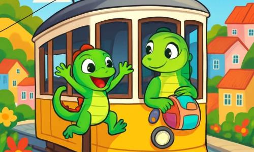 Léo, un petit lézard vert vif aux écailles brillantes, saute de joie dans un vieux tram jaune, ses yeux ronds émerveillés. Il sourit, prêt à explorer le monde. À côté de lui, sa maman, Madame Léa, le regarde avec tendresse, fière, tenant un petit sac à dos coloré rempli de collations. Le tram est entouré de collines colorées, de maisons pastel et de fleurs éclatantes, sous un ciel bleu parsemé de nuages blancs. Léo et sa maman découvrent la magie de Lisbonne, émerveillés par les paysages vibrants, tandis que le tram avance lentement, émettant un doux « ding-ding ».