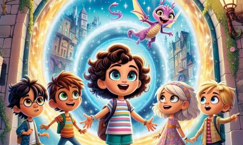 Au centre de l'image, Lila, une petite fille de huit ans aux cheveux bouclés, se tient devant un grand portail scintillant, prête à entrer dans un monde magique. À sa droite, Max, un garçon curieux avec des lunettes, regarde le portail avec émerveillement. À gauche, Mia, une fille aux cheveux longs, pointe du doigt une créature magique qui vole au-dessus d'eux. Derrière, Sam tient un petit dragon, tandis que Tom fait une grimace en regardant le portail. Le lieu est un vieux quartier urbain avec des bâtiments anciens et une atmosphère mystérieuse. Les cinq amis sont réunis devant le portail magique, excités par l'aventure qui les attend.