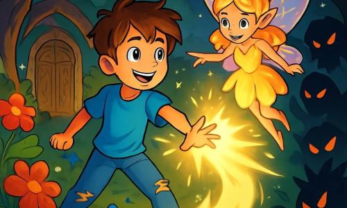 Félix, un garçon de 10 ans aux cheveux châtains en bataille et aux yeux curieux, se tient au centre de l'image, vêtu d'un t-shirt bleu vif et d'un jean déchiré, affichant une expression d'excitation. À ses côtés, Lila, une petite fée aux ailes scintillantes, flotte dans les airs, avec des cheveux dorés et une robe en pétales de fleurs luminescentes, souriant en lui montrant comment créer de la lumière. Le décor est un jardin secret magique, rempli de fleurs éclatantes et illuminé par des lucioles. Des arbres aux troncs noueux l'entourent, et au fond, une porte en bois sculpté s'ouvre sur un monde fantastique. Félix et Lila conjurent une vague de lumière pour repousser des ombres menaçantes, créant une atmosphère magique et tendue.
