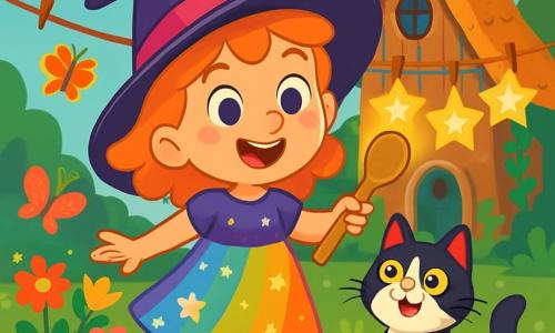 Pétronille, une apprentie sorcière de cinq ans, se tient dans un jardin enchanté, avec des yeux curieux et un large sourire. Elle porte une robe magique arc-en-ciel ornée d'étoiles scintillantes et tient une cuillère en bois qui ressemble à une baguette. À ses côtés, Croc-Moustache, un chat noir et blanc, est assis sur l'herbe, prêt à bondir. Le jardin est rempli de fleurs colorées, de papillons et d'une corde à linge avec des étoiles en papier illuminées. Pétronille essaie de faire briller les étoiles en les caressant et en murmurant des mots doux, tandis que Croc-Moustache l'encourage en ronronnant. L’atmosphère est magique et joyeuse, pleine de couleurs vives.