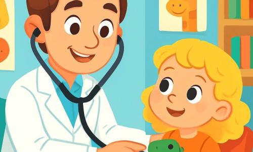 Un médecin, Malo, souriant et bienveillant, porte une chemise blanche et un stéthoscope. Ses cheveux bruns sont ébouriffés, et il écoute le cœur d'une petite patiente. À côté de lui, une petite fille d'environ 6 ans, aux cheveux blonds et bouclés, le regarde avec curiosité, tenant un jouet dinosaure. Le cabinet médical est lumineux, avec des murs bleu pastel, des posters d'animaux et une étagère de livres pour enfants. Malo écoute le cœur de la petite fille, qui sourit, amusée par le bruit « boum-boum ».