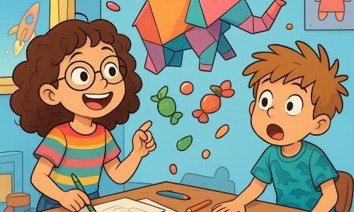 Une fille de 10 ans, avec des cheveux bouclés et des lunettes rondes, sourit en tenant un crayon vert. Elle porte un t-shirt à rayures multicolores et un short en jean, assise à un bureau en désordre. À côté d'elle, un garçon de 9 ans, avec des cheveux ébouriffés et un t-shirt à motifs de dinosaures, regarde un éléphant en origami qui s'apprête à s'envoler, les yeux écarquillés. La chambre d'enfant est peinte en bleu pastel, avec des posters de dessins animés et un tapis en forme de nuage. Des jouets sont éparpillés, et un chat tigré dort sur un coussin. L'éléphant en origami, dodu et coloré, prend son envol, des bonbons tombant autour de lui, créant une atmosphère joyeuse.