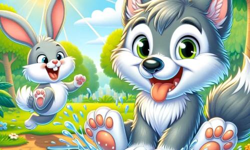 Un petit loup nommé Loup-Loup, avec un grand sourire et un pelage gris, est assis dans une flaque d'eau, éclaboussant joyeusement. À côté de lui, Coco, un lapin aux grandes oreilles et au pelage blanc, saute avec enthousiasme, les yeux pétillants de joie. Le décor est un parc ensoleillé avec des arbres verts et des fleurs colorées. Loup-Loup et Coco s'amusent à sauter dans la flaque, éclaboussant de l'eau et riant ensemble, remplis de bonheur et d'amitié.
