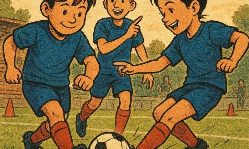 Léo, 11 ans, visage rond et cheveux bruns en bataille, vient de passer le ballon du pied en souriant; Inès, 11 ans, queue de cheval noire, frappe le ballon vers le but, corps penché et jambe tendue; Samy, 12 ans, peau claire et coupe courte, applaudit et pointe la trajectoire, légèrement derrière Léo à droite; petite pelouse aux lignes blanches et cônes, gradins en bois avec quelques parents, lumière dorée de fin d’après-midi et longues ombres; scène dynamique en plans rapprochés avec herbe qui vole et maillots froissés, joie collective au moment du but; palette vive (bleus profonds, rouges chauds, verts saturés) et rendu style impression sur papier journal: textures grainées, traits d’encre visibles et couleurs légèrement désaturées.