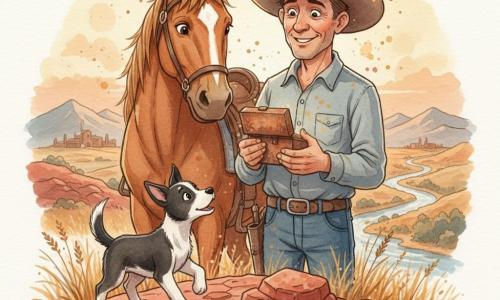 Jack, homme adulte grand et souriant au visage buriné et peau hâlée, cheveux bruns courts sous un large chapeau de cow‑boy usé, tient à deux mains une petite boîte en fer rouillée, les yeux brillants d’émerveillement ; au premier plan à gauche, Zéphyr, chiot noir et blanc vif et joueur, la queue en l’air renifle la boîte ; derrière Jack, Biscuit, cheval bai large et calme portant une petite selle usée, incline la tête vers lui, une mèche blanche en forme d’étoile au front ; la scène se déroule sur une colline de rochers rouges, terre craquelée et herbes sèches dorées, la Rivière Grise serpente en contrebas et un ranch se devine au pied des montagnes ; Jack vient de retrouver la boîte cachée, une lumière chaude de coucher de soleil dore la scène, des poussières s’envolent et quelques éclaboussures d’aquarelle ajoutent une atmosphère douce et aventureuse ; palette : ocres, rouges terre, bleus gris doux et touches de rose orangé ; textures granuleuses, contours doux et éclaboussures maîtrisées pour un rendu chaleureux et enfantin.