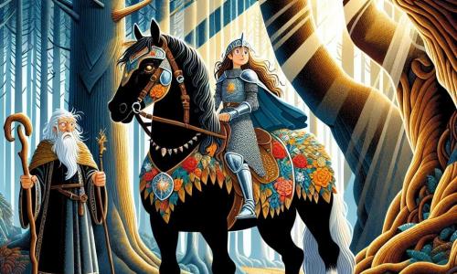 Dame Aliénor, une chevaleresse intrépide, se tient fièrement sur son destrier noir, Avenir, portant une armure ornée de motifs floraux. Son visage exprime une détermination courageuse. À ses côtés, le vieux sage maître Hugues, âgé d'environ 70 ans, observe la forêt avec inquiétude. La scène se déroule à l'entrée de la Forêt Interdite, où de grands arbres aux troncs noueux forment un épais plafond de feuilles sombres. La lumière du soleil filtre à travers les branches, créant des ombres sur le sol. Dame Aliénor, prête à partir en quête, scrute l'horizon, déterminée à affronter la brume menaçante qui enveloppe le village de Clairval, tandis que maître Hugues lui indique un chemin vers l'inconnu.