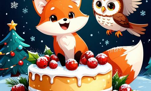 Un renard nommé Rouxy, avec un pelage flamboyant et des yeux pétillants, danse autour d'un gâteau de Noël doré, décoré de baies rouges et de flocons de neige en sucre, affichant un grand sourire. À ses côtés, Pipo le hibou, avec ses plumes brunes et ses yeux curieux, vole au-dessus du gâteau en riant, admirant la création de son ami. La scène se déroule dans un terrier douillet, illuminé et décoré pour Noël, avec des flocons de neige tombant doucement à l'extérieur, créant une ambiance magique. Rouxy et Pipo célèbrent ensemble Noël, prêts à partager leur gâteau avec leurs amis de la forêt.