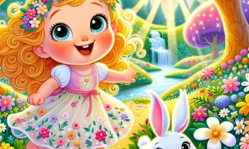 Lila, une petite fille de 2 ans aux grands yeux brillants et aux cheveux bouclés dorés, sourit en courant dans un jardin enchanté. Elle porte une robe légère à fleurs colorées et a les joues rosies par l'excitation. À ses côtés, Max, un lapin magique au pelage blanc éclatant, bondit joyeusement. Le jardin est rempli de fleurs multicolores, d'arbres aux troncs dorés et d'une rivière scintillante. Lila et Max découvrent un trésor caché près de la rivière : une petite boîte dorée qui brille au soleil. Lila, émerveillée, s'apprête à l'ouvrir, tandis que Max attend avec impatience.