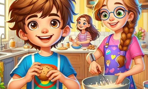 Léo, un garçon de 8 ans aux cheveux bruns en bataille et aux yeux curieux, sourit en préparant des cookies dans la cuisine, vêtu d'un t-shirt bleu de super-héros et d'un tablier coloré. À sa droite, sa grande sœur Emma, 12 ans, avec de longs cheveux blonds tressés, casse des œufs dans un bol, souriant avec complicité. Leur maman, une femme d'une trentaine d'années avec des cheveux châtains et des lunettes, mélange la pâte en arrière-plan, joyeuse. La cuisine lumineuse et accueillante, aux murs jaunes et aux étagères de livres de recettes, crée une ambiance familiale. La scène illustre le plaisir de préparer des cookies ensemble, riant et partageant des moments sans écran.