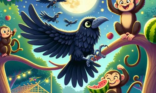 Un corbeau nommé Coco, avec des plumes noires et des yeux curieux, se tient sur une branche, le bec ouvert, exprimant excitation et surprise. À côté, deux singes espiègles, Sam et Lili, aux pelages marron clair, sautent de branche en branche en riant. Sam fait une pirouette tandis que Lili, avec de grandes oreilles, se balance en tenant une pastèque. En arrière-plan, le zoo est illuminé par la lune, avec des cages colorées et des arbres, créant une atmosphère magique. La scène montre Coco et ses amis en pleine compétition de lancer de pastèque, remplissant l'espace de joie.