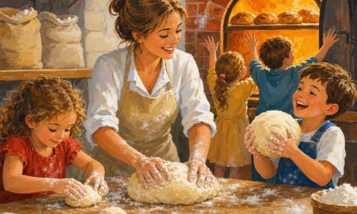Une boulangère souriante aux cheveux châtain clair en chignon et tablier beige poudré de farine montre comment pétrir une boule de pâte, entourée d’enfants : une fillette de ~6 ans en robe rouge aux mains farinées façonne son pain à gauche, un garçon de ~7 ans en salopette bleue rit en tenant une grosse boule de pâte à droite, et deux autres enfants en arrière-plan regardent émerveillés à travers la vitre du four où des pains dorés gonflent. Le fournil chaleureux aux murs de pierre claire et grandes étagères en bois remplies de sacs et paniers présente un grand four en brique rouge laissant échapper une lumière orangée, un comptoir en bois marqué de farine et torchons colorés. La scène montre l’enseignement du pétrissage, des nuages de farine flottants, des petits pains sur la table, rires d’enfants et lumière chaude du four ; palette de couleurs chaudes et naturelles, textures acryliques et coups de pinceau doux.