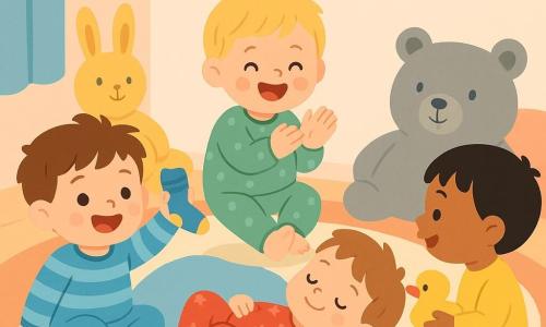Quatre enfants jouent dans une chambre d'enfant chaleureuse. Léo, presque 1 an, a des cheveux bruns et un pyjama bleu à rayures ; il sourit en levant une chaussette. Max, aussi presque 1 an, a des cheveux blonds et un pyjama vert à pois ; il tape des mains joyeusement. Tom, avec des cheveux châtains et un pyjama rouge à étoiles, roule sur le dos près de Max. Nino, avec des cheveux noirs et un pyjama jaune, tient un canard en plastique en faisant un bruit de « pouet ». La pièce est décorée de murs pastel, d'étoiles brillantes et de coussins en forme d'animaux, créant une ambiance paisible. Les garçons préparent leur dodo en riant et jouant ensemble.