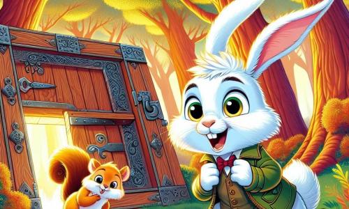 Un jeune lapin nommé Flocon, avec un pelage blanc éclatant et des yeux curieux, se tient devant une trappe en bois ornée de motifs. Il a une expression émerveillée, prêt à découvrir ce qui se cache à l'intérieur. À ses côtés, un écureuil espiègle nommé Éclair, au pelage brun doré, affiche un sourire malicieux. Ils se trouvent dans une clairière ensoleillée, entourée d'arbres majestueux, tandis qu'une lumière dorée filtre à travers les branches. Flocon et Éclair sont sur le point d'ouvrir la trappe mystérieuse, leurs cœurs battant d'excitation, prêts à vivre une aventure magique.