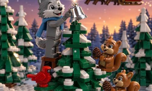 Un petit loup anthropomorphe gris clair, joyeux et intrépide, écharpe bleu ciel, se tient sur une marche pour accrocher un grelot argenté au sommet d’un grand sapin; au loin, une silhouette chaleureuse de Père Noël en manteau rouge et barbe blanche observe depuis un traîneau tiré par rennes sombres; deux écureuils bruns, curieux, perchés sur des branches basses tiennent des pommes de pin décoratives, un oiseau rouge posé à proximité regarde le grelot scintiller, tandis que la forêt enneigée de sapins verts couverts de neige et le ciel pastel crépusculaire avec flocons créent une ambiance chaleureuse et festive en briques colorées.