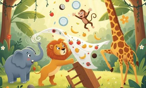 Dans une clairière de jungle ensoleillée, un lion roux au pelage doux, surpris, tend la patte vers une nappe qui s'envole emportant assiettes et fruits; une girafe tachetée étire son long cou pour aider, un singe malicieux saute vers des noix de coco voltigeantes et un éléphant gris souffle de la trompe depuis la gauche; herbe verte, lianes, grandes feuilles de bananier et fleurs colorées entourent une table en bois; scène dynamique de coopération, couleurs vives, ombres douces et silhouettes simples adaptées aux enfants.