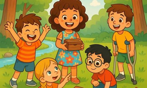 Cinq personnages principaux : Léa, une fille de 8 ans avec des cheveux bouclés et une robe à fleurs, souriante au centre avec une boîte en bois ; Max, un garçon de 8 ans à gauche, riant avec un t-shirt rayé ; Clara, à droite, allongée sur l'herbe en jupe rose, pointant un nuage ; Sam, accroupi près de la boîte avec des lunettes et un short bleu ; Léo, en arrière avec des béquilles, souriant. Le cadre est une forêt enchantée avec de grands arbres, un sol d'herbe douce et un ruisseau scintillant. Les enfants découvrent ensemble la boîte remplie de souvenirs d'enfance, riant et partageant des moments, illustrant leur amitié.