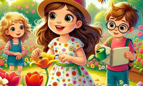 Léa, une petite fille de 8 ans aux longs cheveux bruns et aux yeux curieux, se tient dans un jardin en fleurs, portant une robe colorée et un chapeau de paille, souriant en observant une abeille. À sa droite, Tom, 8 ans, aux cheveux blonds et lunettes rondes, dessine un insecte avec concentration. À sa gauche, Emma, 7 ans, avec des cheveux bouclés et un t-shirt rose, arrose les fleurs avec un arrosoir, souriante. Le jardin est coloré avec des tulipes, des jonquilles et des coquelicots, tandis que des oiseaux chantent. Léa et ses amis découvrent les merveilles du printemps, partageant un moment joyeux et éducatif sur la nature.