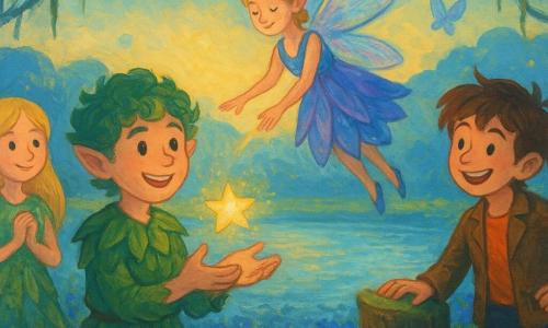 Élio, jeune lutin garçon aux cheveux bouclés verts et petites oreilles pointues, sourit en tendant les mains pour recevoir un cristal étoilé doré que lui remet Lyria, fée des rêves aux ailes translucides irisées et robe de pétales bleus et violets, tandis que Juna, fille aux longs cheveux blonds et robe verte en feuilles, regarde tendrement à gauche près d’un buisson de fleurs en forme de cœur et que Tiko, garçon espiègle aux cheveux bruns et veste rapiécée, rit à droite appuyé sur une souche moussuée ; la scène intime se déroule au bord d’un lac miroir dans une vallée lumineuse aux rives tapissées de fleurs bleues et violettes émettant des lueurs, arbres couverts de lianes phosphorescentes et papillons irisés, rendu style gouache aux textures épaisses, couleurs saturées, coups de pinceau visibles, contours doux et formes rondes.