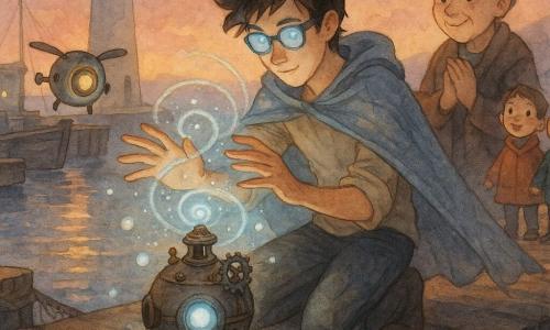 Un jeune homme d'environ 19 ans, cheveux en bataille brun foncé et lunettes bleu électrique, porte une cape fine tissée de fibres solaires; concentré et serein, il tient les mains au-dessus d'une vieille balise mécanique ronde à engrenages qui émet des spirales lumineuses. À droite sur la jetée, Manon, la directrice, petite aux cheveux gris en chignon et au visage rassurant, applaudit doucement; à gauche, un petit drone nommé Pixel, coque métallique mate et grand œil lumineux, vole au-dessus de l'eau avec une expression à la fois facétieuse et anxieuse. Trois enfants de 8–10 ans en manteaux colorés se tiennent en arrière-plan, main dans la main, émerveillés. Le cadre est un port au crépuscule — quais en bois humides, phare blanc avec faisceaux jaunes, barges et filets, eau calme reflétant lumières, bulles lumineuses et algues argentées autour de la balise — l'ambiance est douce, vibrante et magique, avec éclats lumineux et reflets aquarelle.