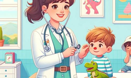 Le docteur Clara, souriante avec de longs cheveux bruns en queue de cheval et portant une blouse blanche et un stéthoscope, soigne un petit garçon, Timéo, 6 ans, assis sur la table d'examen. Timéo, avec des cheveux châtains en bataille et un nez rouge à cause de son rhume, admire le docteur tout en tenant un jouet dinosaure. À côté, Lucas, 7 ans, avec une jambe bandée et une grimace, est accompagné de sa maman inquiète mais reconnaissante. La scène se déroule dans un cabinet médical chaleureux aux murs bleu pastel, rempli d'affiches colorées et de jouets. Le docteur Clara examine Timéo tout en prêtant attention à Lucas, illustrant l'importance des soins pour les enfants malades.