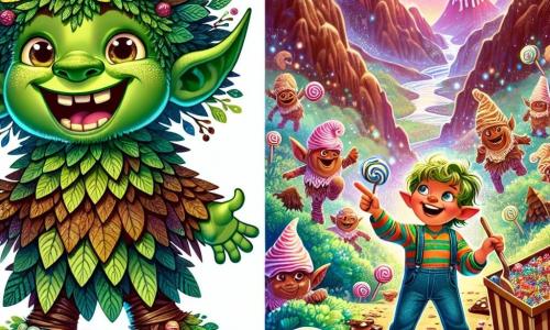 Un troll au grand cœur, Grumbold, se tient au centre de l'image, avec une peau verdâtre et des cheveux en désordre. Il sourit joyeusement, les bras ouverts, prêt à jouer une blague. À ses côtés, Léo, un petit garçon de huit ans avec des cheveux roses, pointe vers une boîte de bonbons, son visage rayonnant d'excitation. En arrière-plan, la Montagne de Chocolat, entourée d'arbres en guimauve, présente des cascades de chocolat. Des lutins farceurs dansent autour de la boîte, créant une ambiance festive remplie de couleurs vives et de douceurs sucrées.