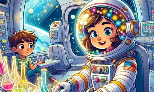 Une femme astronaute, la capitaine Zoé, flotte avec un sourire radieux, curieuse. Elle porte une combinaison spatiale blanche et un casque à visière dorée, manipulant des boutons sur un tableau de contrôle. À ses côtés, Léo, un garçon de 10 ans aux cheveux bruns en bataille, observe avec émerveillement. La scène se déroule dans une station spatiale aux murs métalliques argentés, avec des lumières clignotantes et des hublots offrant une vue sur la Terre et les étoiles. Zoé et Léo préparent une expérience scientifique, entourés de gadgets futuristes et de flacons colorés, éclairés par une douce lumière.