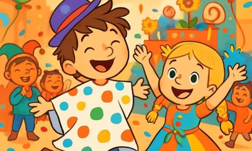 Léo, un garçon de 7 ans aux cheveux bruns en bataille et au sourire éclatant, danse joyeusement au centre de l'image, vêtu d'un costume à pois, d'un chapeau de travers et de chaussettes multicolores. À ses côtés, Zoé, une fille de 7 ans avec des cheveux blonds tressés et des yeux pétillants, porte une robe colorée ornée de rubans et de boutons brillants. Ils se trouvent dans une rue animée pendant le carnaval, décorée de guirlandes scintillantes, de ballons et de chars fleuris. Des confettis tombent, créant une atmosphère festive. Léo et Zoé dansent et rient ensemble, entourés d'enfants déguisés qui applaudissent et s'amusent, rayonnant de joie dans une ambiance musicale et joyeuse.