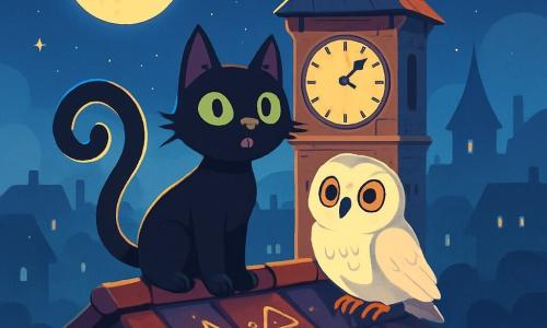 Un chat noir aux yeux émeraude, nommé Félix, se tient sur le toit d'une vieille tour de l'horloge, curieux et déterminé. Sa queue en spirale brille sous la lumière de la lune. À ses côtés, une chouette blanche, Luna, observe attentivement, ses grands yeux ronds reflétant sagesse et inquiétude. La scène se déroule dans la nuit, avec un ciel étoilé et une lune pleine illuminant Brumeville, enveloppée dans un léger brouillard. La tour de l'horloge, majestueuse, est entourée de symboles mystérieux brillants au sol. Félix chante une mélodie pour réveiller les Gardiens de la Ville, tandis que des ombres dansent autour d'eux, créant une atmosphère magique et légèrement inquiétante.