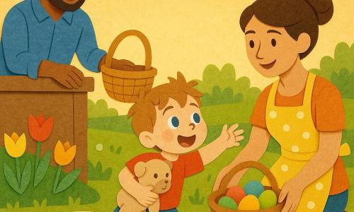 Un garçon de 4 ans joyeux, cheveux châtain clair en bataille et yeux bleus, serre son doudou beige et tend la main vers un panier d'œufs multicolores posé sur une petite table en bois; à droite sa mère d'environ 30 ans, chignon et tablier jaune à pois blancs, agenouillée montre le panier, et à gauche son père d'environ 32 ans, barbe légère et chemise bleue, tient un panier vide; scène de matin dans un jardin au décor en papier (herbe en couches, tulipes rouges et jaunes, dalles blanches, gouttes de rosée), oreilles de lapin en papier qui bougent, lumière dorée, ambiance chaleureuse et ludique, couleurs vives, contours nets et ombres douces, composition centrée et lisible pour les enfants.