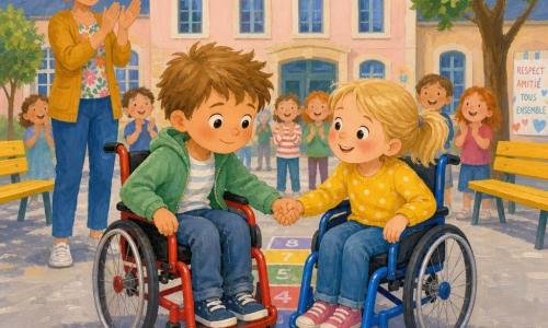 Lucas, 6 ans, visage rond et cheveux châtain clair en bataille, expression curieuse et timide, est assis dans un fauteuil roulant rouge vif, mains sur les roues, penché en avant ; à côté, Emma, 6 ans, cheveux blonds en couette et sourire confiant, tient sa main pour l’encourager dans son fauteuil bleu ; derrière eux, une enseignante d’environ 30 ans, cheveux bruns attachés et tenue colorée, applaudit avec bienveillance ; la cour d’école montre une marelle multicolore peinte sur le sol, bancs jaunes, banderoles vives et un bâtiment pastel en arrière-plan ; la scène est chaleureuse et inclusive, d’autres enfants flous applaudissent et l’éclairage doux de fin de matinée donne un rendu pictural avec coups de pinceau apparents.