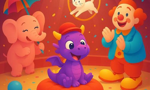 Popi, un petit dragon violet aux cornes jaunes et aux écailles brillantes, est assis sur un gros coussin rouge au centre de la piste; autour de lui, Mimi l'éléphante rose tient un parapluie coloré et rit, Loulou le clown en veste bleue et chaussures jaunes applaudit, et Zouzou le chat blanc saute à travers un cerceau doré; le chapiteau rouge et blanc, éclairé par un projecteur chaud, sur un sol en bois verni parsemé de confettis et de ballons, offre une scène de spectacle joyeuse et lumineuse.