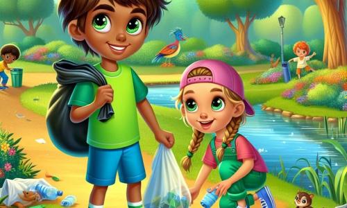 Maxime, un garçon de 8 ans aux cheveux bruns en bataille et aux yeux déterminés, porte un t-shirt vert et un short bleu. Il sourit fièrement en ramassant des déchets près d'un étang, tenant un sac poubelle et une bouteille en plastique. À ses côtés, sa meilleure amie Léa, également âgée de 8 ans, a des cheveux blonds tressés et une casquette rose, et s'agenouille pour ramasser un sachet en papier. Le parc est verdoyant, avec de grands arbres, des fleurs colorées et un étang scintillant. Maxime et Léa, entourés de sacs poubelles, illustrent leur effort pour nettoyer le parc et protéger la nature.