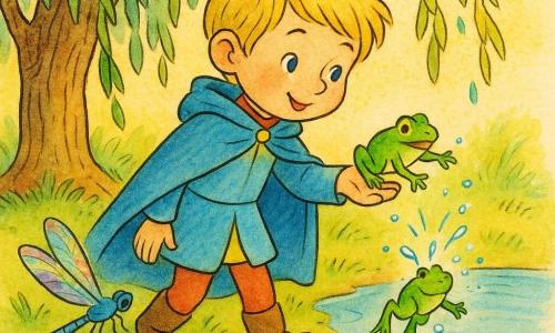 Un jeune prince blond aux yeux bleus et manteau bleu tient une petite grenouille verte qu'il aide à regagner une mare sous un grand saule aux nénuphars roses; une libellule aux ailes irisées repose à côté et un escargot à la coquille nacrée est posé sur une pierre, baignés d'une douce lumière et d'une atmosphère chaleureuse et sereine.