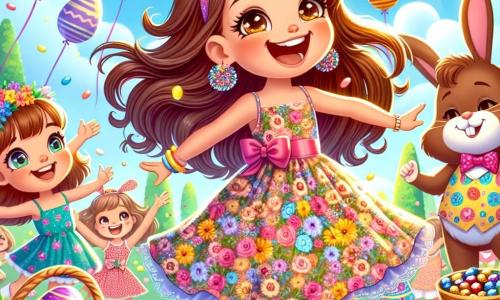 Lila, une petite fille de 8 ans aux longs cheveux bruns et aux yeux pétillants, danse joyeusement dans un parc ensoleillé, vêtue d'une robe à fleurs et d'un nœud rose. Sa maman, une femme d'une trentaine d'années avec des cheveux châtains, tient un panier de chocolats colorés et regarde Lila avec tendresse. En arrière-plan, des enfants déguisés en lapins dansent au rythme de la musique, créant une ambiance festive. Le parc est décoré de grands œufs en chocolat, de fleurs éclatantes et de ballons colorés sous un ciel bleu, tandis que des rayons de soleil ajoutent une touche magique à la scène. Lila et ses amis s'amusent ensemble lors de la parade de Pâques, pleine de couleurs et de bonheur.